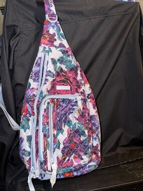 Vera Bradley Floral Quilted Sling Backpack in White, Purple, Teal, Pink